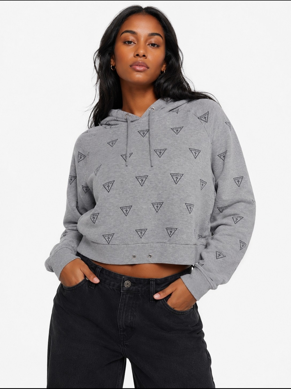 GUESS Los Angeles Triangle Logo All Over Print Cropped Hoodie Grey L